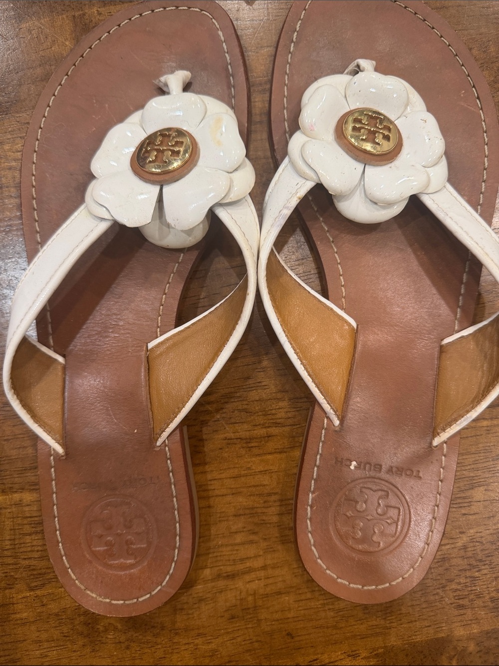 Tory Burch White Floral Logo Thong Sandals